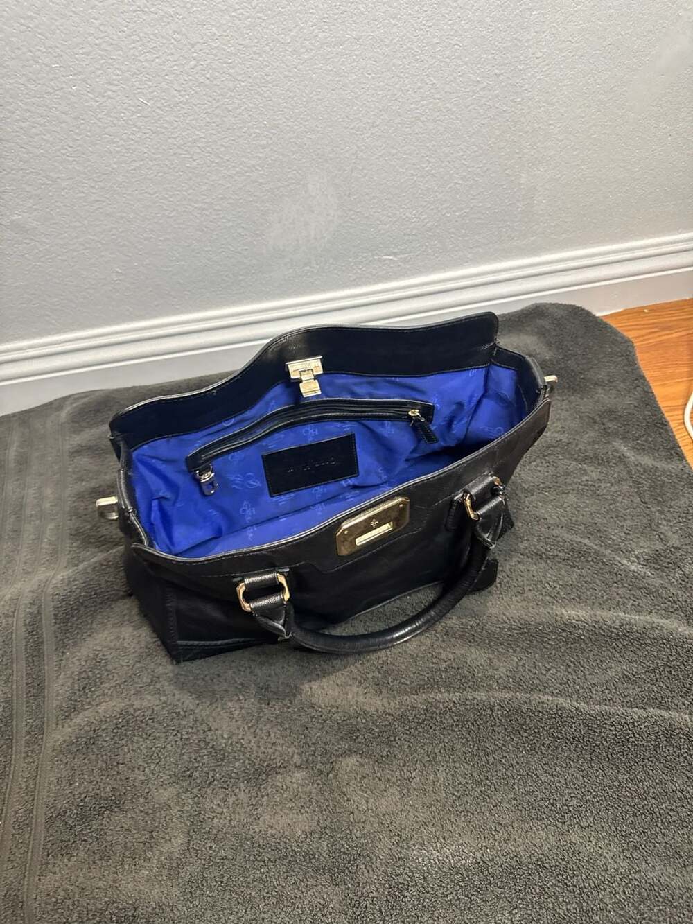 Cole Haan Black Leather Tote Bag Blue Lining Gold Hardware Satchel Handbag